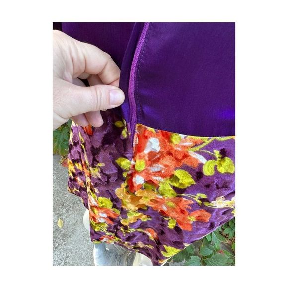 60s Scooter Dress Royal Purple Satin & Multicolor Floral Velvet Drop Waist Sm - Picture 11 of 16